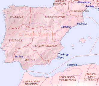 Hispania en tiempos de Constantino (s. IV-V d. C.) - Basado en un mapa de Christos Nüssli - www.salve.edu/~romanemp/Index.htm