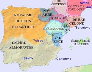 La península ibérica hacia el 1100 d. C. - Basado en un mapa de Christos Nüssli - http://www.salve.edu/~romanemp/Index.htm