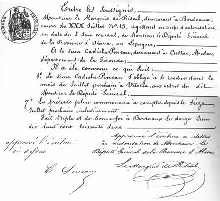 Contrato entre Jean Cadiche Pineau y el Marqués de Riscal