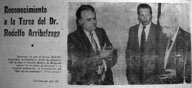 Dr. Arribalzaga is honored by the Bragado Medic Circle with a plaque in 1983