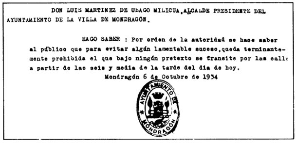 Revolución de octubre de 1934. Bando del alcalde de Arrasate/Mondragón (Gipuzkoa) tras el asesinato de Marcelino Oreja Elósegui