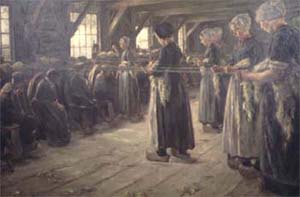 Precioso cuadro de Max Liebermann (Berlín 1847-Berlín 1935) de una comunidad del pueblo de Laren, pintado en 1887, en el que se ve como trabajan los niños y las mujeres en las ruecas. Cuadro en el Alte National de Berlin (Alemania).